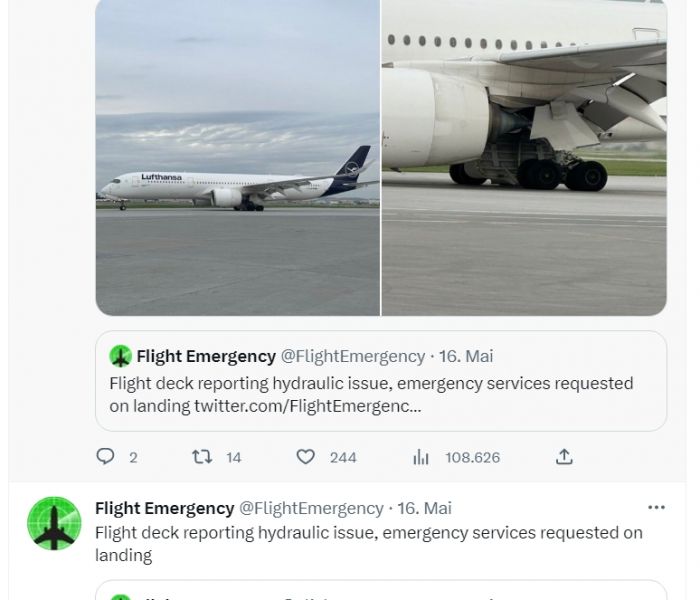 Lufthansa-Flug LH474: A359-900 in Notlage, bereitet sich auf eine Notlandung in Montreal vor. (Foto: Twitter. Redaktion)